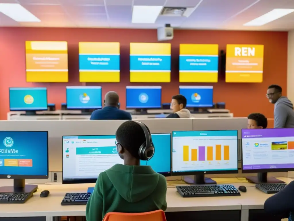 Niños aprendiendo programación y computación en un aula interactiva llena de color y vitalidad, guiados por su profesor