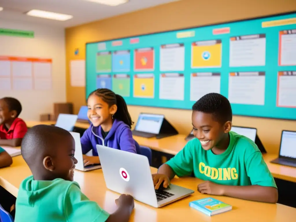 Niños felices colaborando en programación y computación, rodeados de coloridos posters y libros educativos