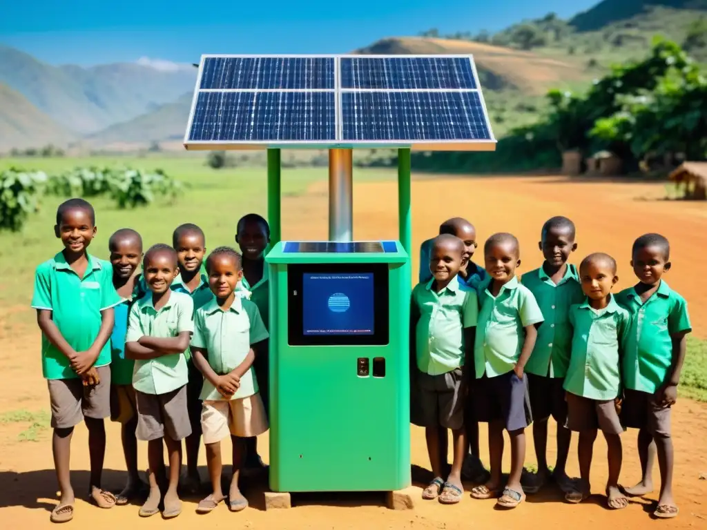 Niños aprendiendo a programar en un kiosco de computadoras con energía solar en una aldea rural