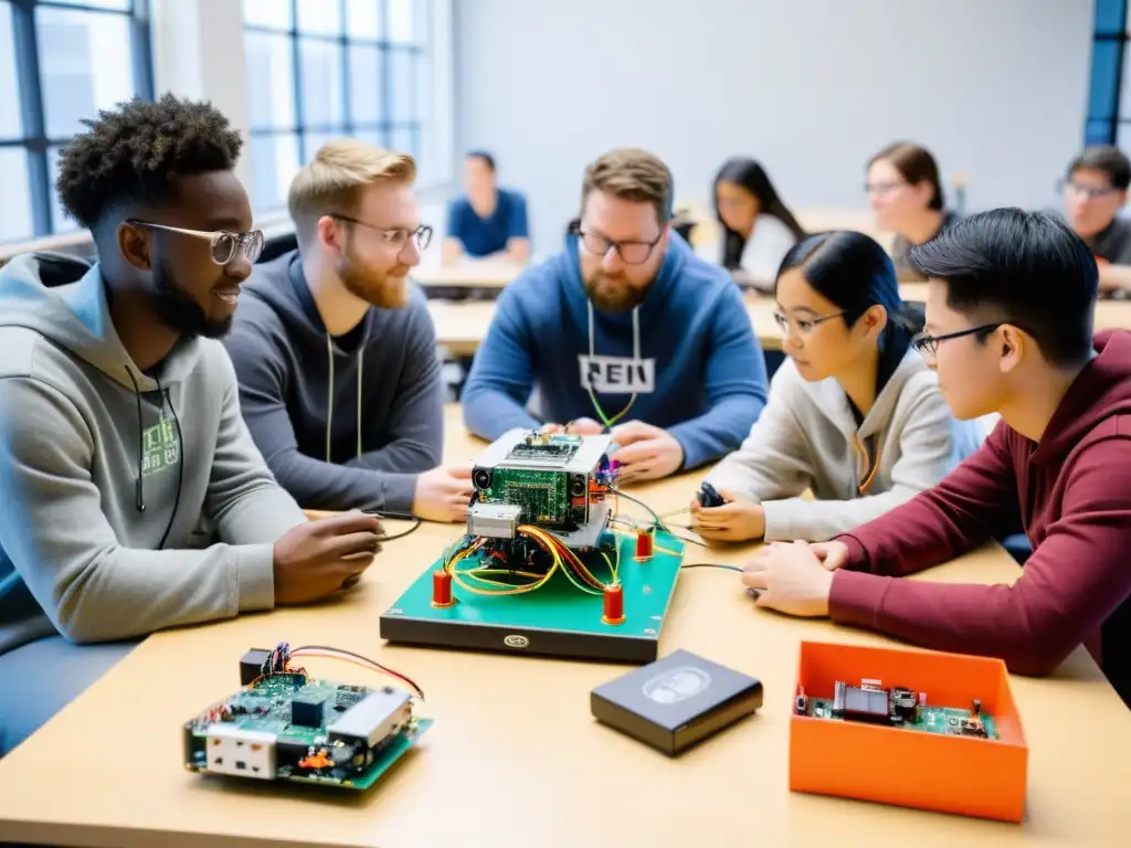 Niños construyen y programan robots con kits de código abierto para educación, en un ambiente luminoso y emocionante