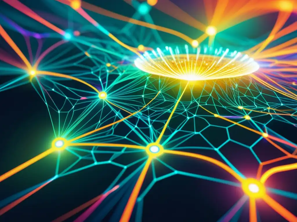 Obra digital futurista que representa redes neuronales interconectadas en colores vibrantes y brillantes, como una compleja red de luz y energía