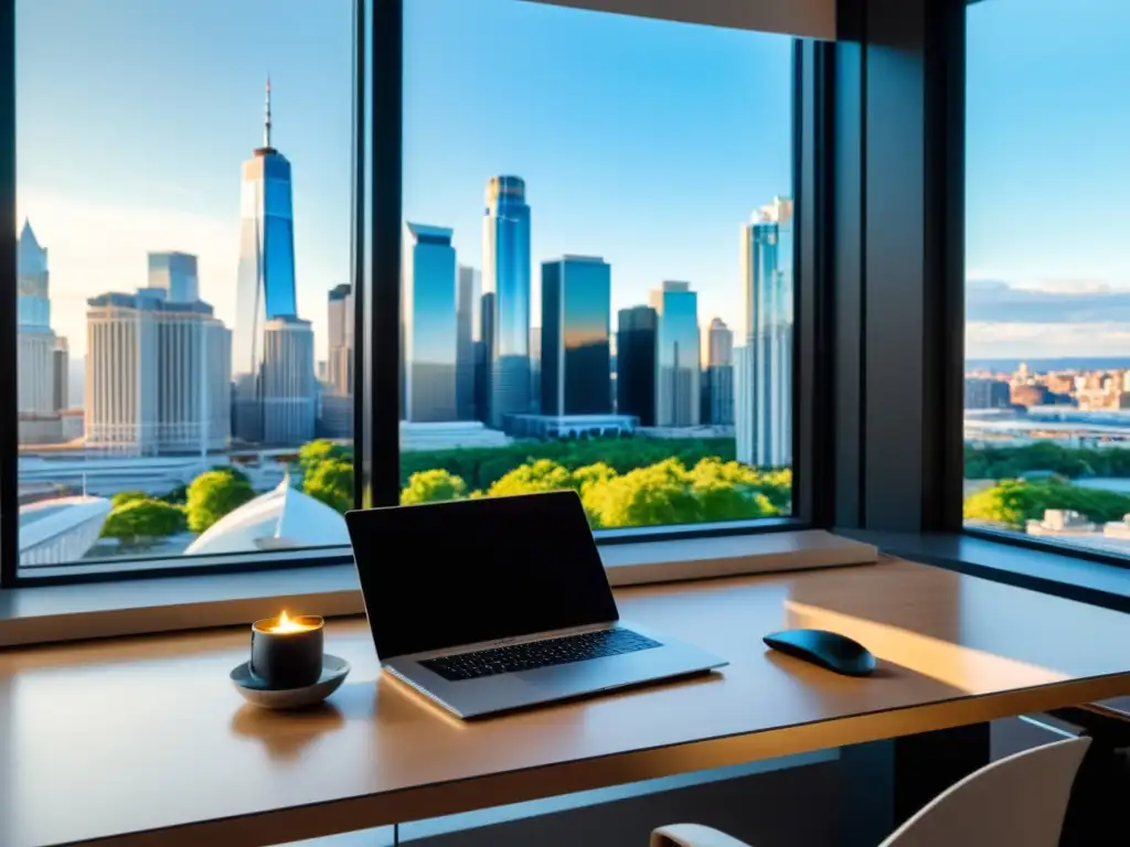 Oficina en casa con escritorio moderno frente a la ventana y vista a la ciudad, reflejando la gestión descentralizada en software de código abierto