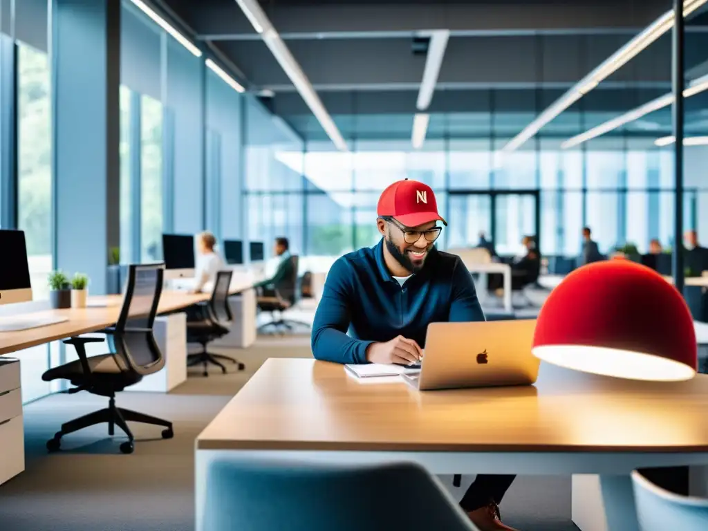 Oficina de concepto abierto con profesionales diversos trabajando en proyectos innovadores