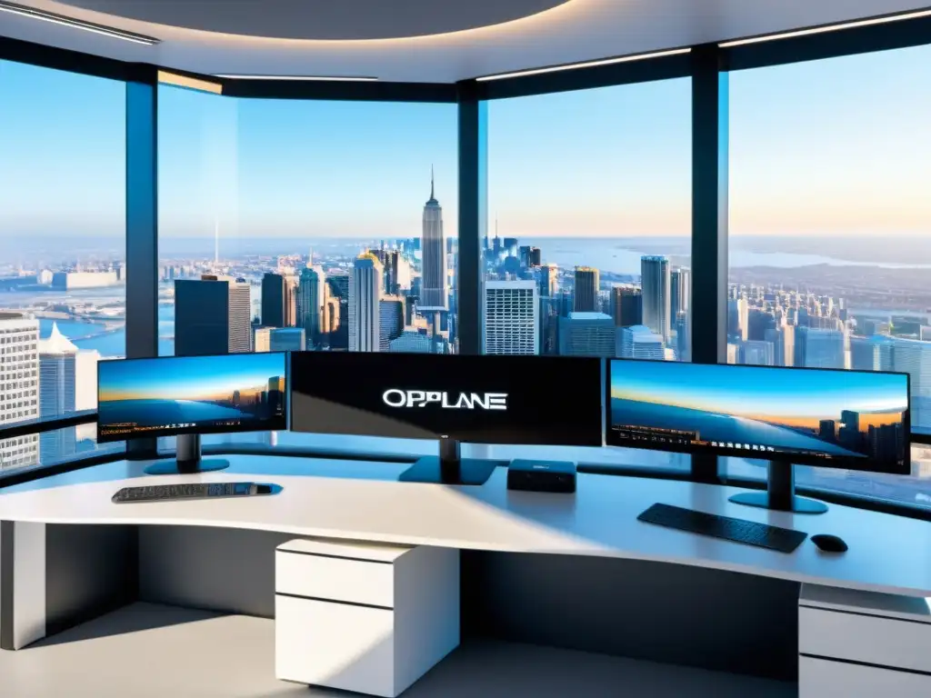 Oficina futurista en 8K con estaciones de trabajo minimalistas, monitores de alta tecnología y vista panorámica de la ciudad