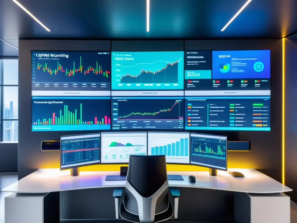 Oficina futurista con estación de monitoreo de red, pantallas de datos en tiempo real y gráficos coloridos