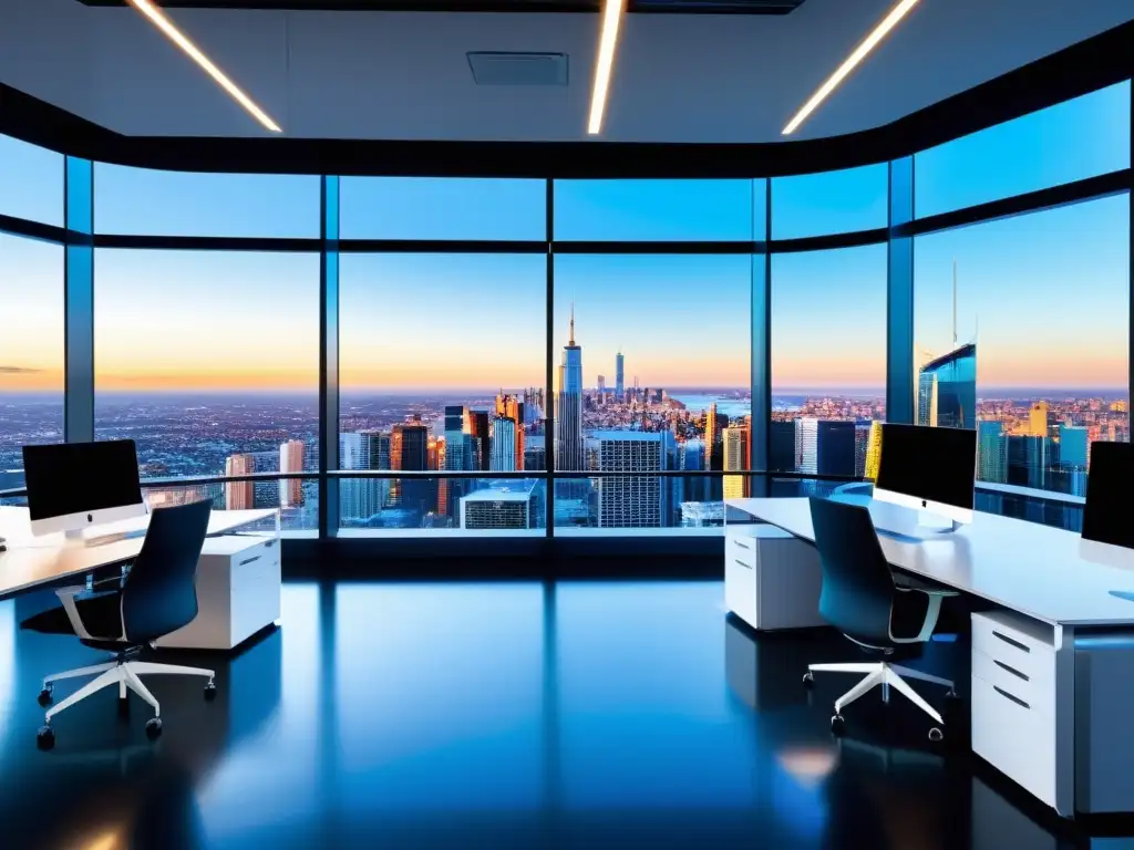 Oficina futurista con tecnología avanzada y vista panorámica de la ciudad