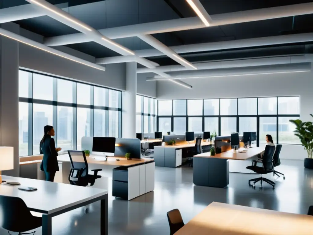 Oficina futurista con ventajas de adaptabilidad y escalabilidad ERP, colaboración profesional y diseño contemporáneo
