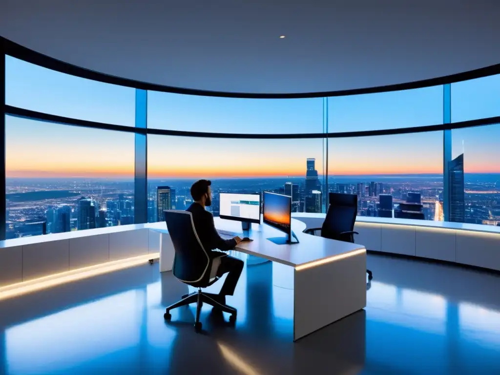 Oficina futurista con vista a la ciudad
