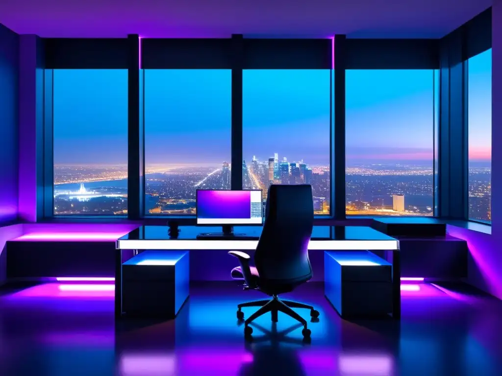 Oficina futurista con vista nocturna de la ciudad, iluminada por luces LED azules y moradas