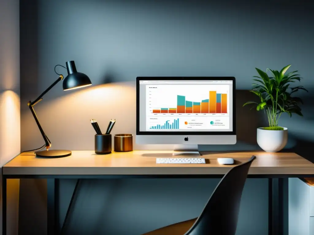 Oficina minimalista con monitor moderno y visualización de datos, ideal para una base de datos NoSQL orientada a documentos