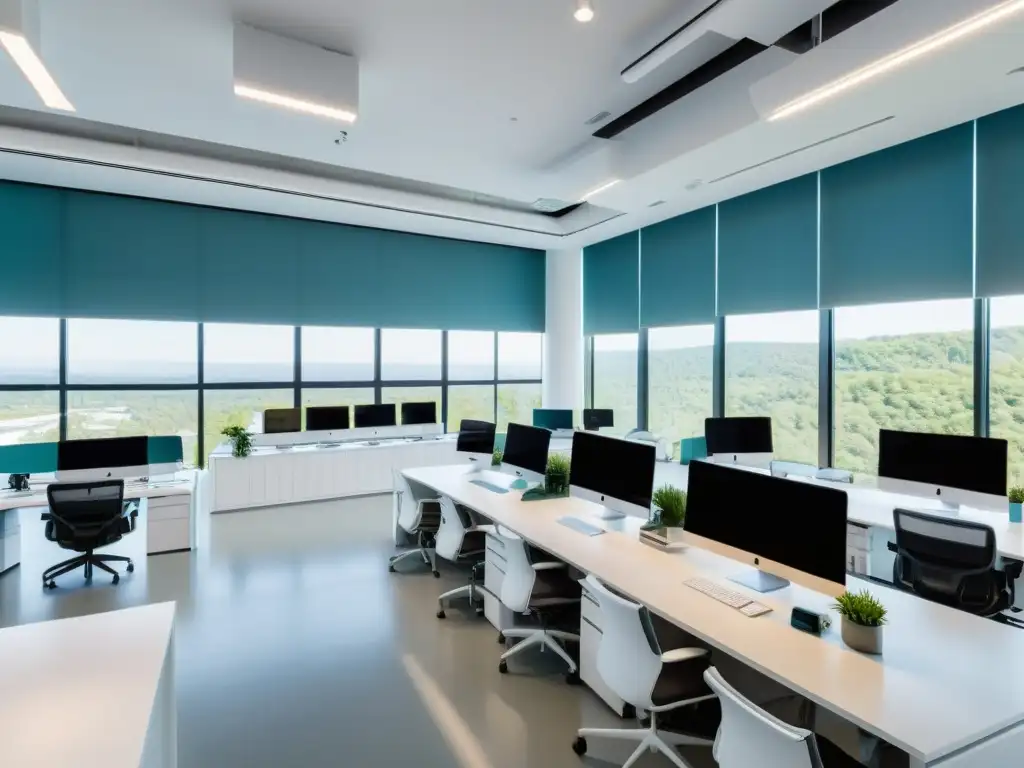 Oficina moderna y colaborativa con luz natural y diseño innovador Oficina moderna con abundante luz natural, muebles minimalistas y profesionales trabajando en editores de texto de código abierto