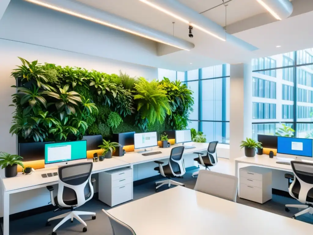 Oficina moderna y dinámica con software de gestión de proyectos open source, profesionales colaborando y ambiente productivo