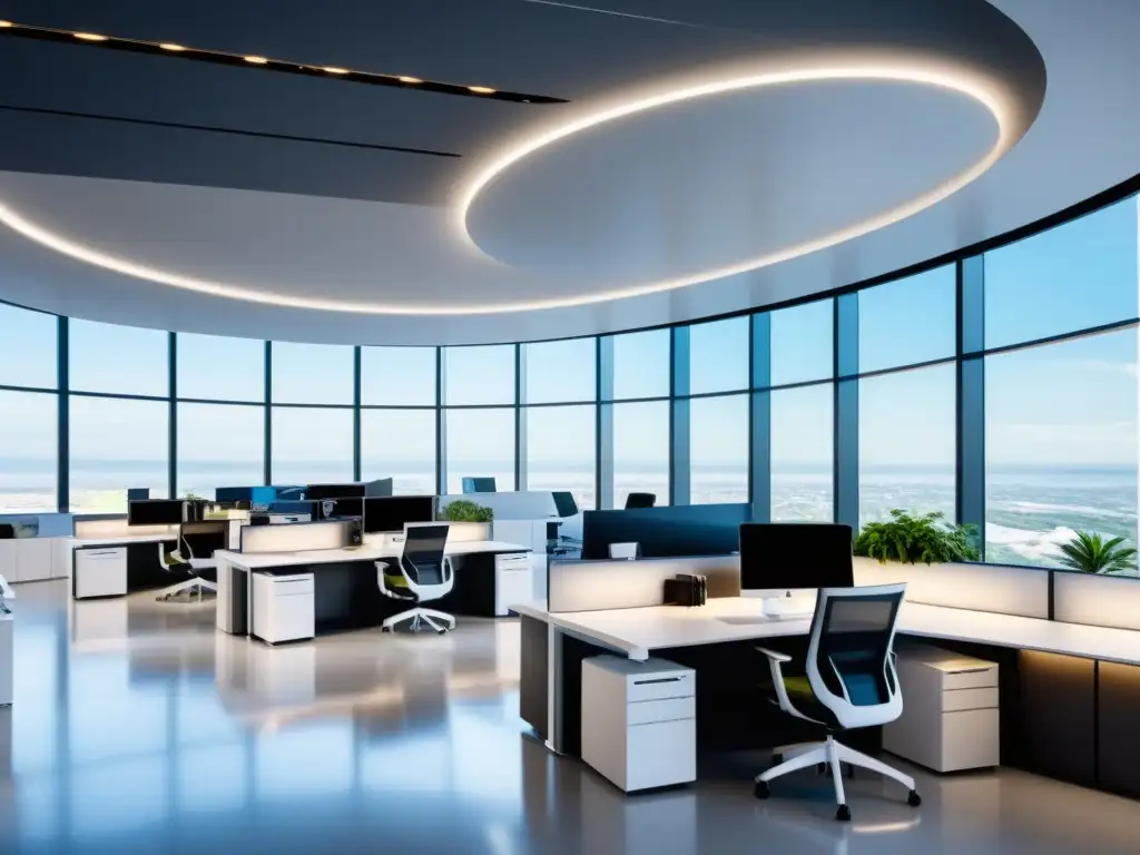 Oficina moderna y dinámica con ventajas de adaptabilidad y escalabilidad ERP, profesionales colaborando en un espacio luminoso y futurista