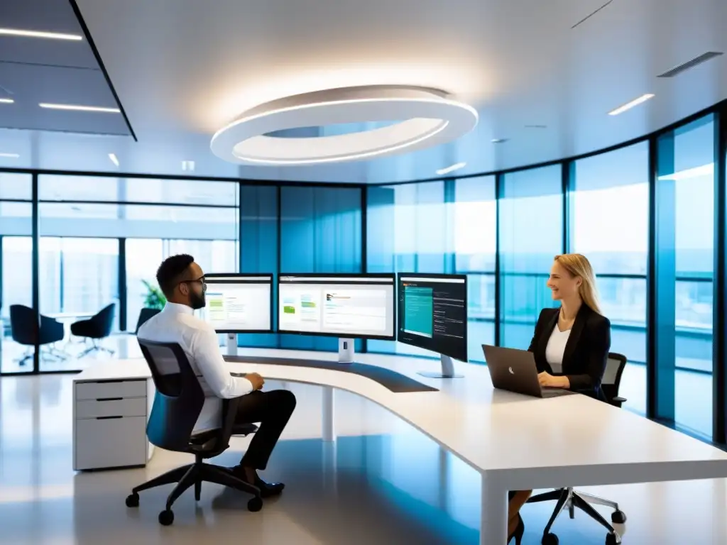 Oficina moderna con equipo colaborando en un tablero de Gestión de Proyectos en Linux, reflejando profesionalismo y eficiencia