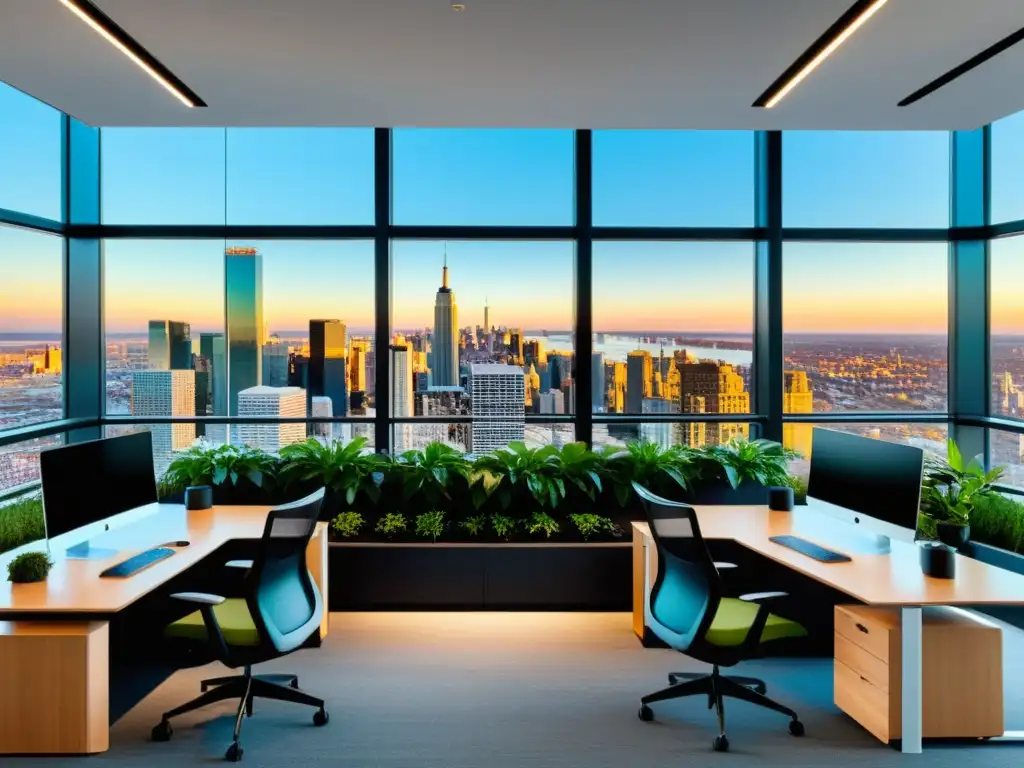 Oficina moderna con estaciones de trabajo ergonómicas y vista a la ciudad