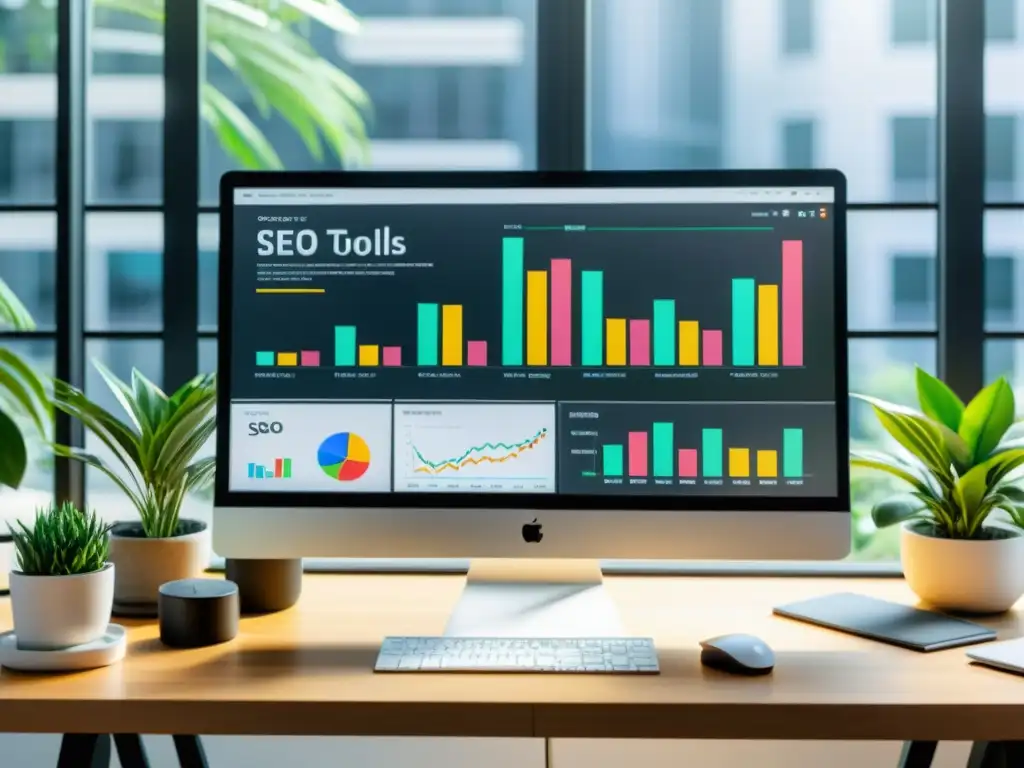 Oficina moderna con herramientas de código abierto para palabras clave en pantalla, gráficos coloridos y visualizaciones de datos