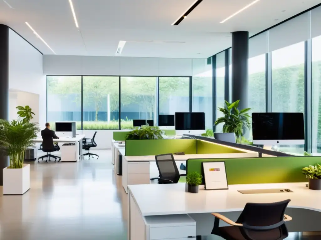 Oficina moderna con influencia del Cloud Computing de código abierto en el teletrabajo, espaciosa y luminosa, con mobiliario minimalista y vegetación vibrante, fomentando un ambiente fresco y acogedor