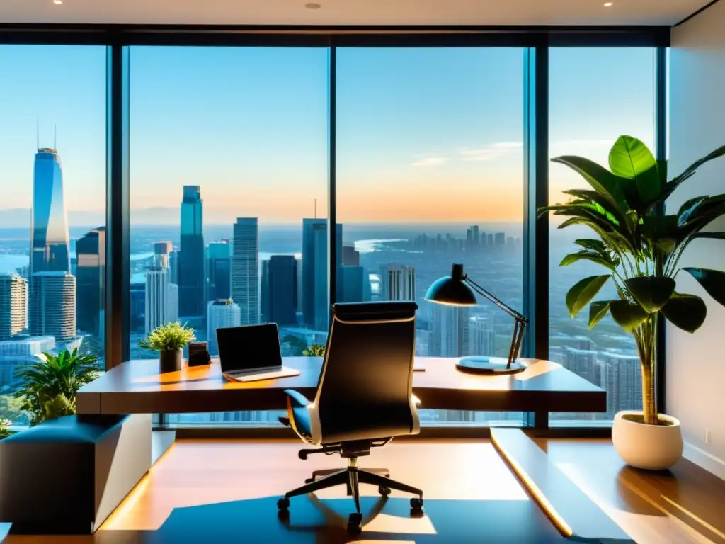 Oficina moderna con influencia del Cloud Computing de código abierto en el teletrabajo, con mobiliario ergonómico y vista impresionante de la ciudad