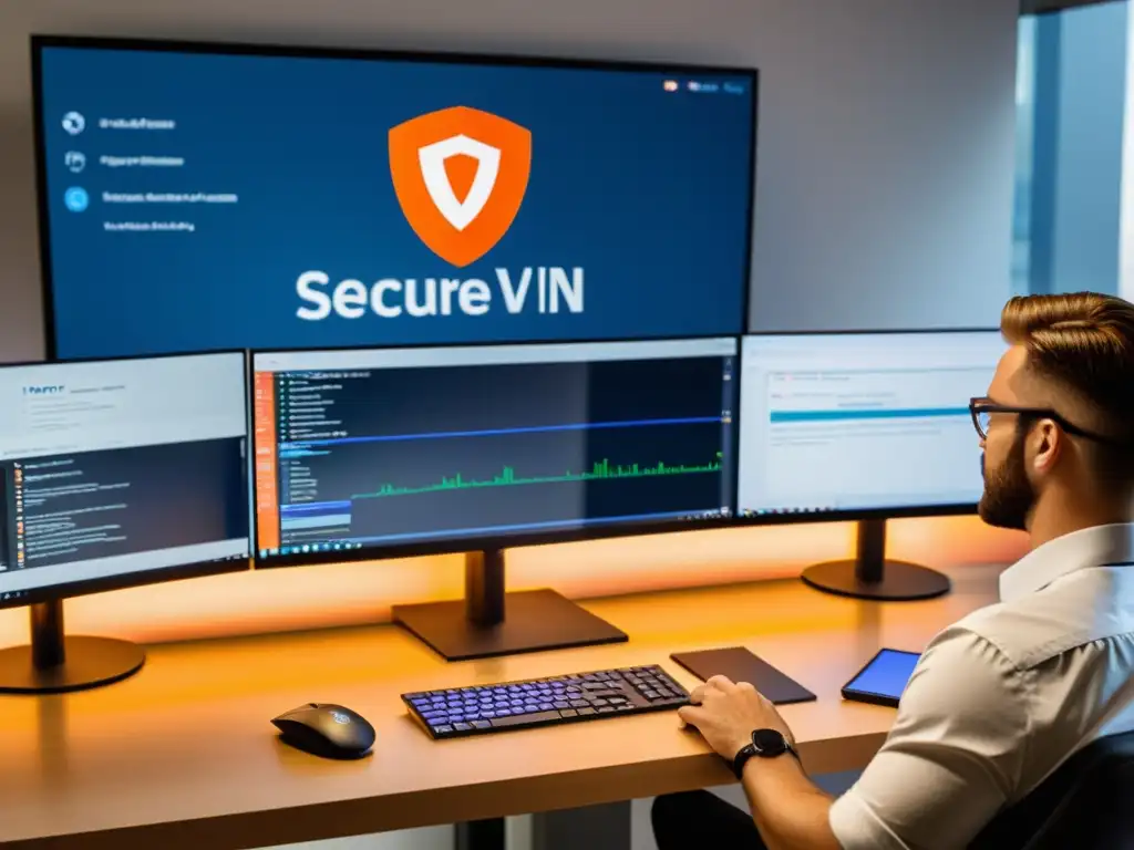 Oficina moderna con integración VPNs Open Source, equipo trabajando en seguridad informática