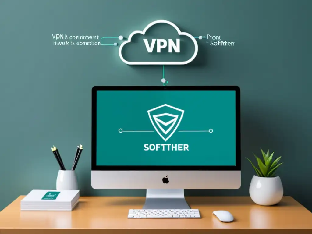 Oficina moderna con integración VPNs Open Source en diagrama de red y diseño elegante, transmitiendo seguridad y profesionalismo