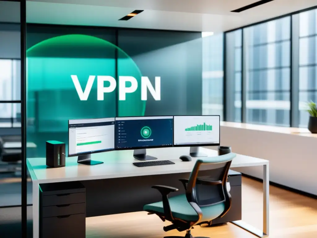 Oficina moderna con integración VPNs Open Source, decoración minimalista y luz natural