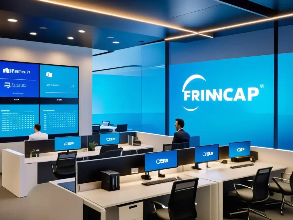 Oficina moderna con logo de institución financiera en pantalla digital y empleados usando software OpenSCAP en estaciones de trabajo futuristas