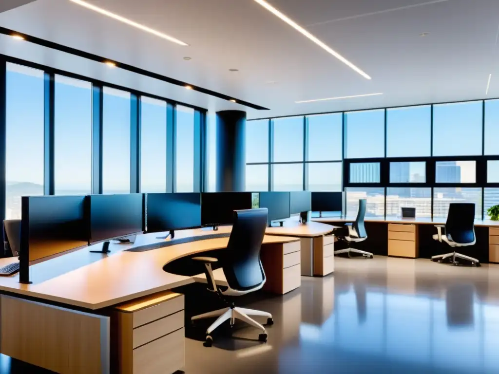 Oficina moderna con luz natural, estaciones de trabajo con computadoras Linux y equipo colaborando en gestión de proyectos en Linux