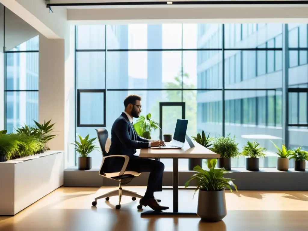 Una oficina moderna con luz natural, mobiliario elegante y un profesional trabajando en una laptop