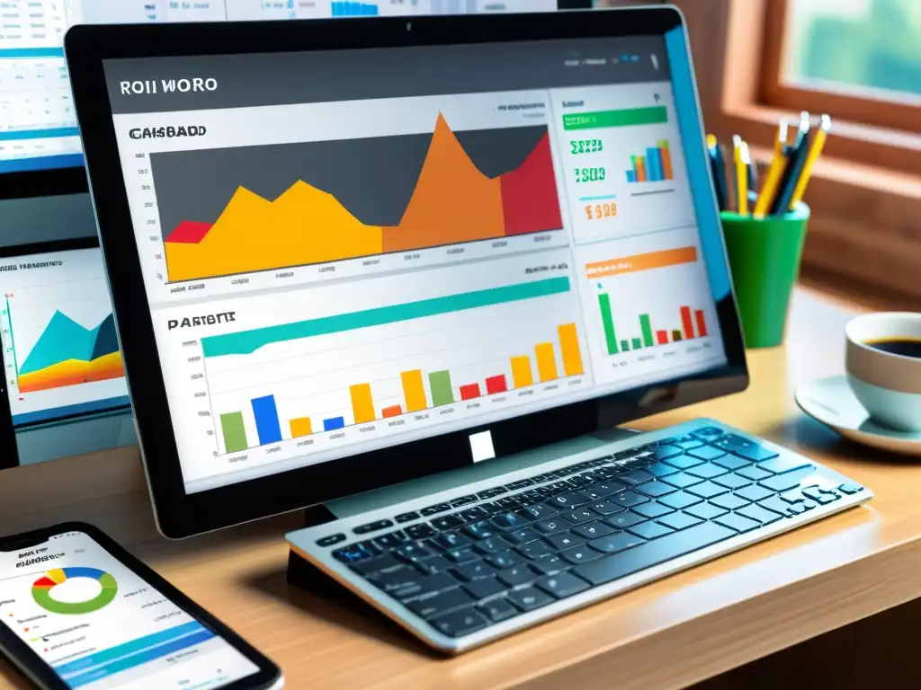 Oficina moderna con monitor mostrando un dinámico panel ROI del CRM de código abierto, gráficos coloridos