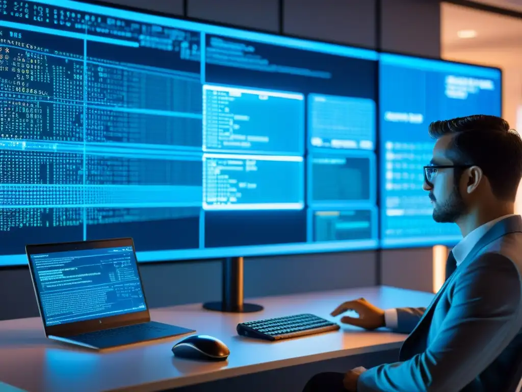 Oficina moderna con pantalla de código abierto rodeada de visualizaciones futuristas de ciberseguridad