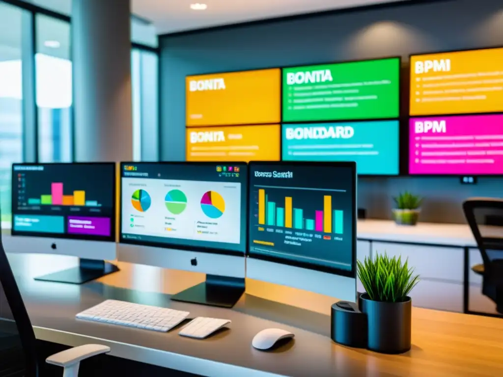 Oficina moderna con pantalla de ordenador mostrando la eficiencia de Bonita BPM en optimización de procesos