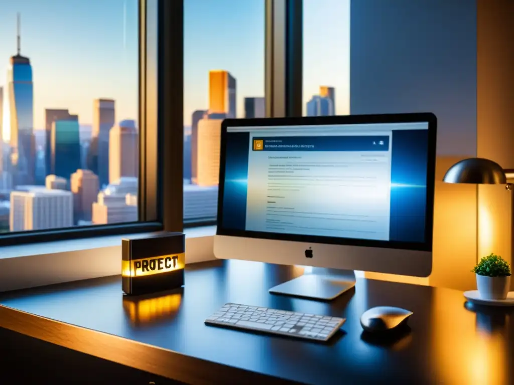 Oficina moderna: Protección de proyectos con código de software Oficina moderna con protección de proyectos, código de software y skyline urbano