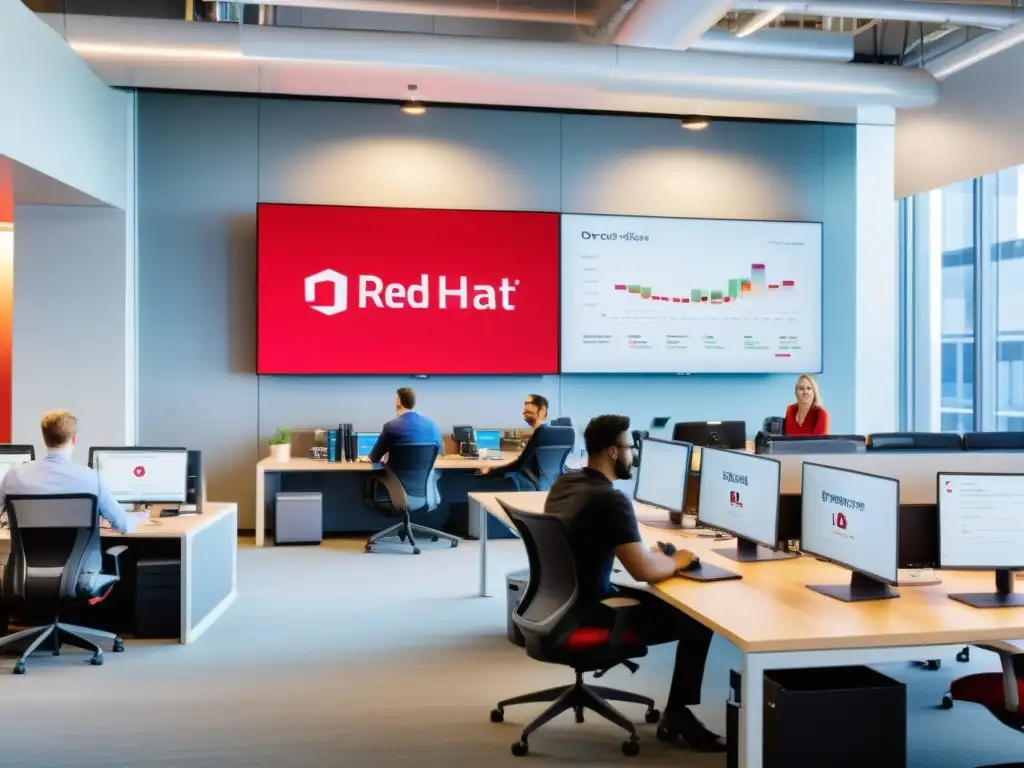 Oficina moderna en Red Hat con colaboradores, datos financieros y código de fuente abierta, reflejando el modelo de negocio Red Hat Open Source