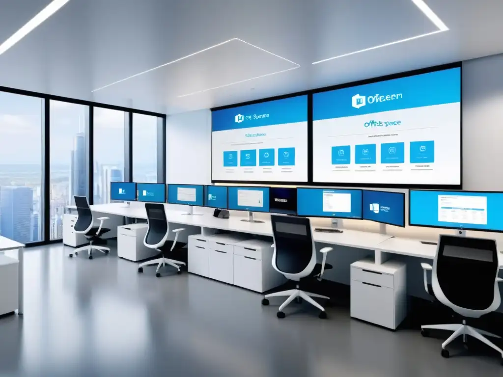 Oficina moderna con sistema ERP adaptable y escalable en múltiples pantallas