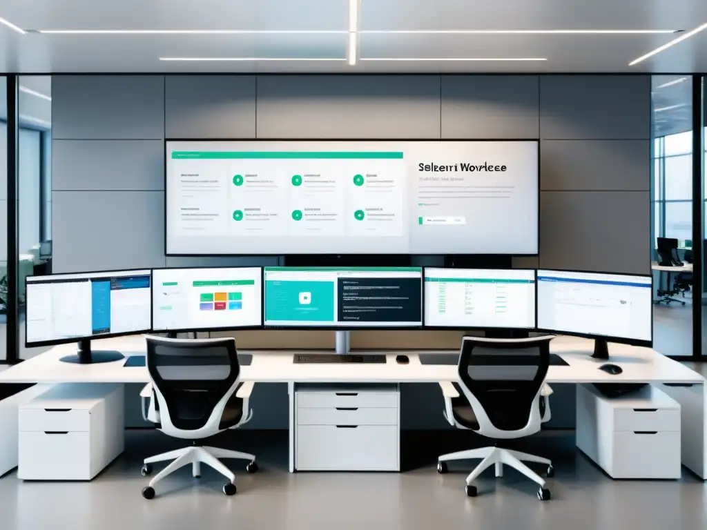 Oficina moderna con sistema de control de versiones centralizado en pantallas, destacando la eficiencia y claridad