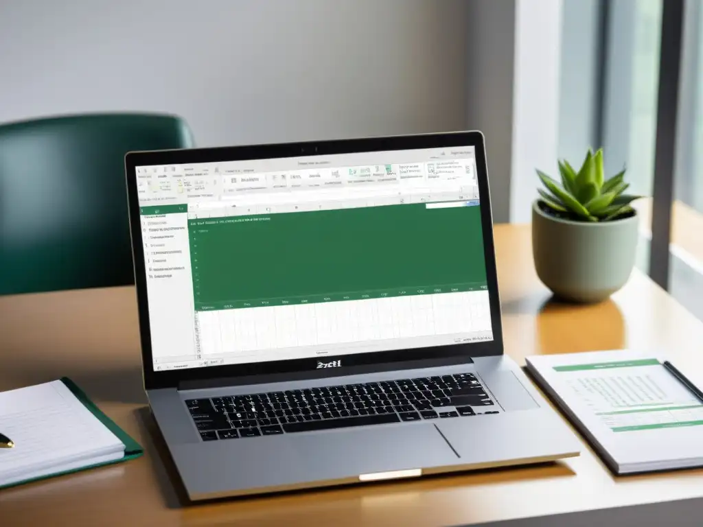 Migración eficiente: Excel y Calc en moderno escritorio de oficina Una oficina moderna con una transición de Excel a Calc en la pantalla de la laptop