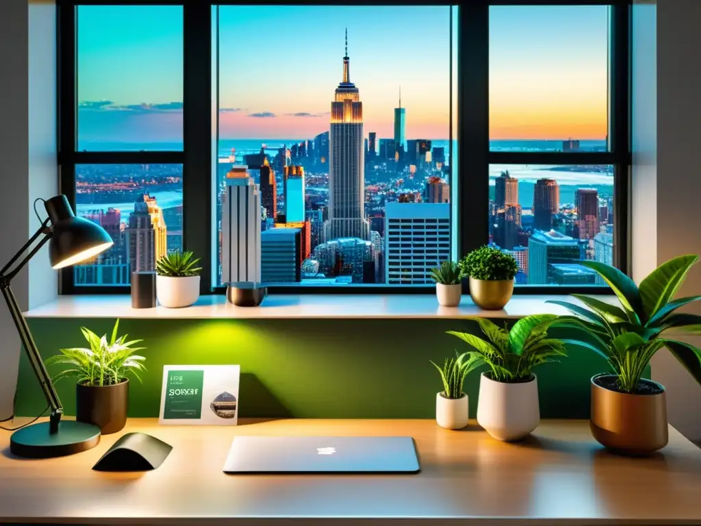 Oficina moderna con vista a la ciudad, plantas verdes y lámpara de escritorio