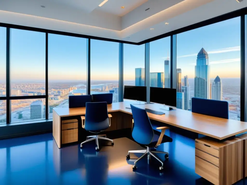 Oficina moderna con vista a la ciudad, equipo de profesionales en reunión