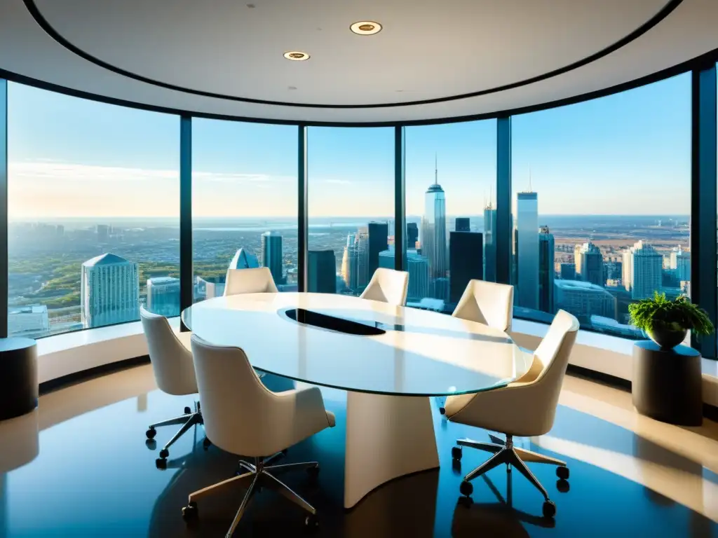 Oficina moderna con vista a la ciudad y mesa de conferencias de cristal rodeada de sillas blancas de piel