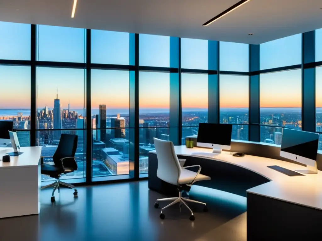 Oficina moderna con vista panorámica a la ciudad, mobiliario ergonómico y tecnología de vanguardia
