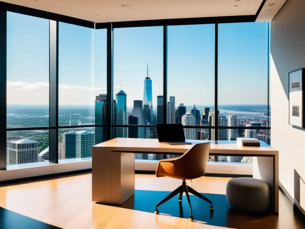 Oficina moderna con vista panorámica de la ciudad, escritorio minimalista y ambiente profesional para el desarrollo backend
