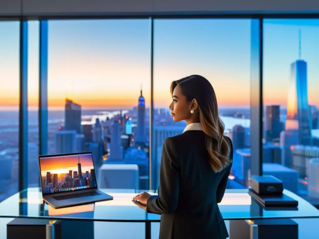 Oficina moderna con vista panorámica a la ciudad al atardecer, mujer profesional enfocada en la automatización de marketing en la nube