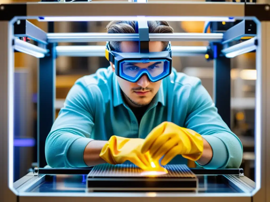 Operario usando gafas y guantes de seguridad mientras maneja una impresora 3D de código abierto