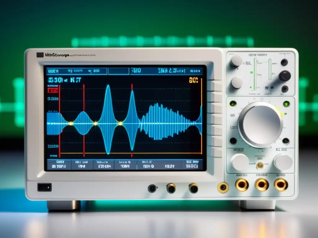 Osciloscopio moderno mostrando ondas detalladas y mediciones en pantalla HD, rodeado de herramientas hardware libre electrónica en un ambiente profesional de innovación tecnológica