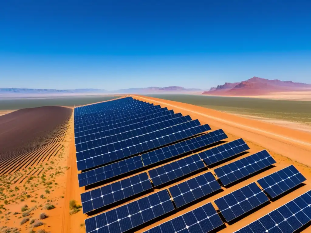 Un paisaje desértico con un gran campo de paneles solares bajo un cielo azul