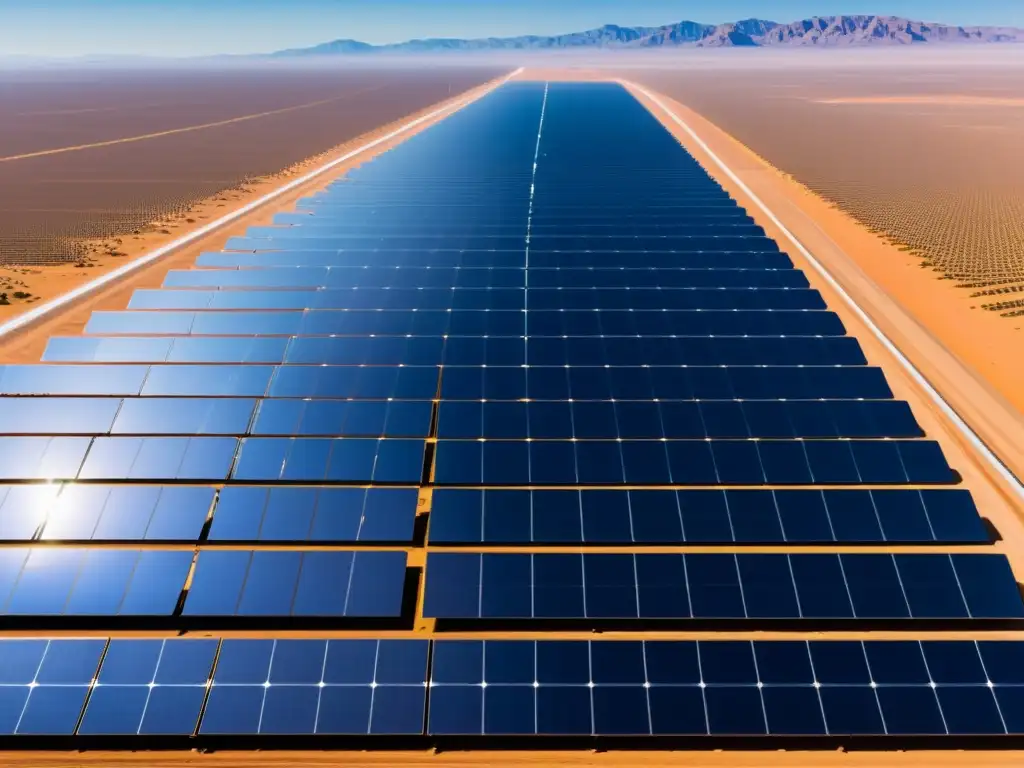 Un paisaje desértico, paneles solares relucientes y turbinas eólicas en el horizonte, simbolizan el impacto del código abierto en energías renovables