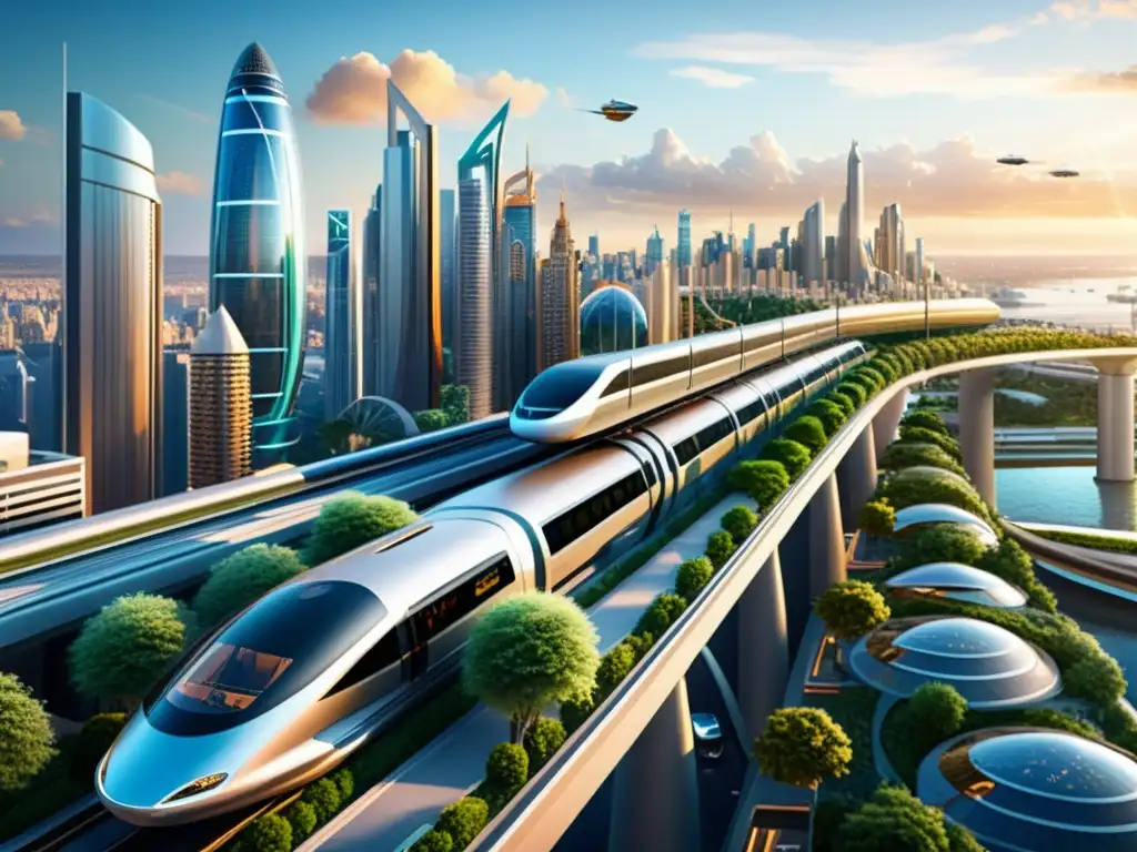 Metrópolis futurista: Ciudad interconectada y sostenible al atardecer Un paisaje futurista de una ciudad con rascacielos interconectados, monorraíles y vehículos voladores, bañados por la cálida luz del atardecer