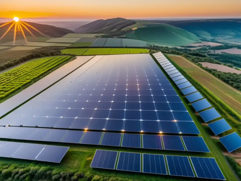 Un paisaje impresionante de paneles solares con el sol poniéndose, irradiando una cálida luz dorada