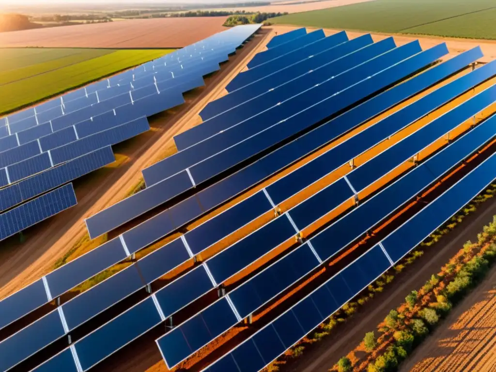 Un paisaje impresionante de paneles solares en filas perfectas, bañados por la cálida luz dorada del atardecer