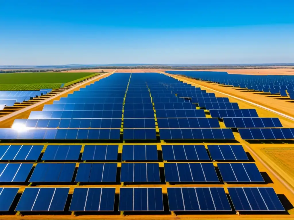 Un paisaje solar brillante con paneles solares en filas, generando energía renovable bajo un cielo azul